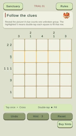 A nonogram picture puzzle in the Moss & Mallow development build.
