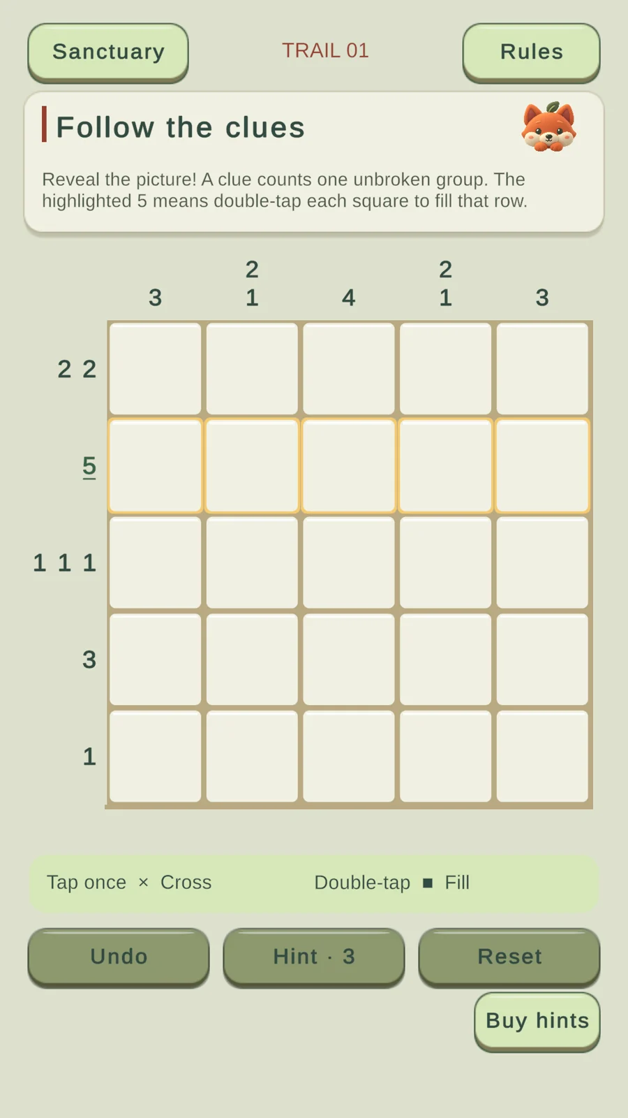 A nonogram picture puzzle in the Moss & Mallow development build.